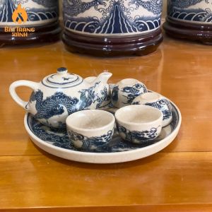 Bộ Ấm Chén Thờ Bát Tràng Men Rạn Phỏng Cổ - Ấm Chén Cúng Mini 1 ấm 5 chén 1 đĩa