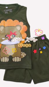 Setelan Kaos Kutung / Singlet Anak Bahan Katun untuk Anak Usia 1-6 Tahun Hewan Singa Hijau Tua