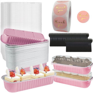 50Set Mini Loaf Pans with Lids and Spoons 6.8oz Rectangle Aluminum Foil Baking Pan Mini Bread Container Heat-Resistant Cake Pans