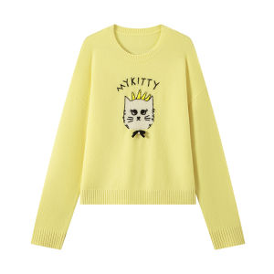 URLAZH | Autumn New Queen Cat Round Neck Sweater Daylight Yellow Cashmere