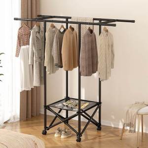 AW ราวตากผ้า ราวตากผ้าแบบคู่เสาความจุสูง พับได้+มีล้อเลื่อน วัสดุสแตนเลสกันสนิม มาพร้อมถุงตากผ้าแบบตาข่าย สามารถแขวนเสื้อผ้าได้ 40+ ตัว