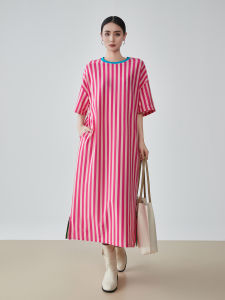 XIAODADEHUA | Pink Striped Colorful Collar Loose Leisure T-shirt Dress