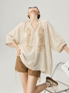 GULILI | Bohemian Yellow Embroidery Five-fifths Sleeve Linen Blouse Sun Protection Shirt