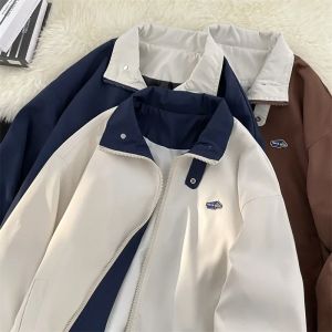 แจ็คเก็ตแจ็คเก็ตทำงานแบบมีปกสำหรับฤดูใบไม้ร่วง เสื้อโค้ทกันลมแบบมีซิปสำหรับผู้ชาย สไตล์วินเทจ ทรงโอเวอร์ไซส์ แฟชั่นญี่ปุ่น สไตล์ฮาราจูกุ เสื้อแจ็คเก็ตสตรีทแวร์