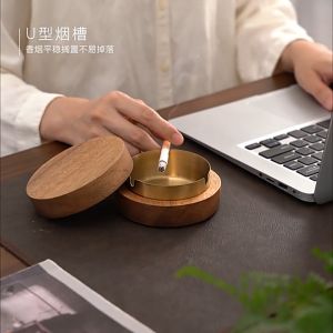 Gạt tàn thuốc hình tròn gạc tàn Gạt tàn gỗ tự nhiên lõi inox 304 dày tháo rời được nắp đậy kín mùi quà tặng gạt tàn