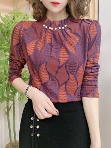 เสื้อเชิ้ตผู้หญิงฤดูใบไม้ร่วง/ฤดูหนาว ปักใบไม้ ตกแต่งด้วยลูกปัด หนา เสื้อคลุมกันหนาวแบบหนา คอตั้ง แขนยาว ปกติ