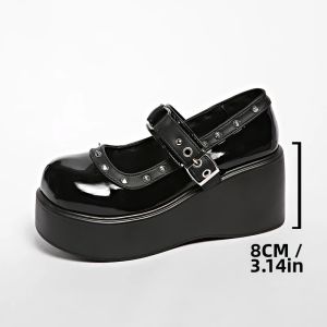 Giày Cao Gót Đế Xuồng Kiểu Mary Jane Trang Trí Đinh Tán Dành Cho Nữ Quai Khóa Thời Trang Gót Wedge Chất Liệu Da Bóng Đế Dày Phong Cách Anh Quốc.