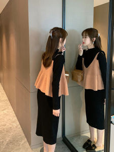 Bộ Đồ Hai Mảnh Cho Bà Bầu Thời Trang Mùa Thu Đông Áo Len Dệt Kim Dài Tay Váy Màu Trơn Phong Cách Hàn Quốc Cho Phụ Nữ Mang Thai