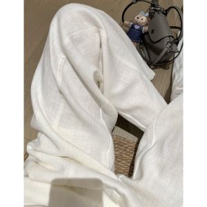 Quần Dài Thường Ngày Màu Trắng Cạp Cao Cho Nữ Mùa Hè 2025 Phong Cách Hàn Quốc Quần Ống Rộng Xếp Ly Dài