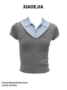 สลิมฟิต เสื้อยืดคอโปโลแขนสั้นถัก ผู้หญิง เสื้อท่อนบน Xiaoejia มีสไตล์ ลำลอง สวมใส่สําหรับ พลัสไซส์ ผู้หญิงใน ฤดูร้อน