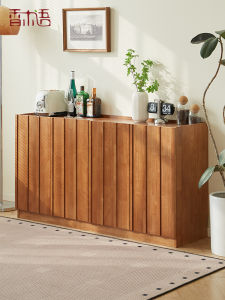 Modern Simple Cherry Color Solid Wood Dining Room Cabinet Living Room Corner Storage Cabinet with Double Doors Rubber Wood