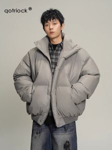 Warm Cotton Jacket Mens Loose Fit Stand Collar Grey Bread Style Winter Coat Youth Trendy Polyester Fiber Long Sleeve Casual