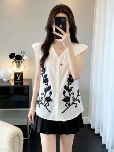 AIYITI | Elegant Embossed V-Neck Flared Sleeve Loose Ice Silk Blouse