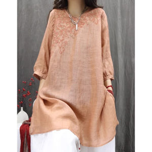 Retro Embroidered Loose Womens Shirt Dress Artistic Casual Mid-Length Korean Style Cotton Blend Summer Fashion