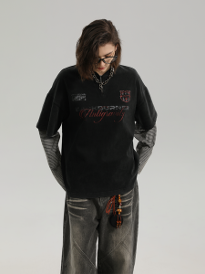 American Retro Printed Loose Cotton T-Shirt Men Women Casual Heavyweight Fake Two-Piece Comfortable Breathable Long Sleeve