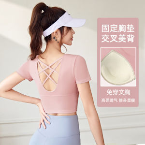 Mới chéo lại áo Quần Yoga thể thao thân trên với ngực đệm ngắn Nhanh Khô Quần Bó sát chạy bộ phù hợp tập thể dục ngắn tay phụ nữ