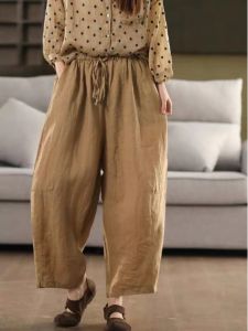 กางเกงขายาวทรงหลวมลำลองผ้าลินินผสมคอตตอนสำหรับผู้หญิงไซส์ใหญ่ ทรงตรง กางเกงขายาวทรงเข้ารูป ฤดูร้อน 2025