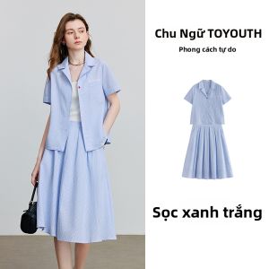 Toyouth | Bộ Áo Sơ Mi Tay Ngắn Chất Cotton và Chân Váy Xếp Ly cho Nữ