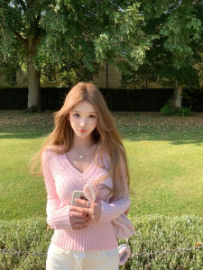 เสื้อชั้นในถักคอวีแขนยาวสีน้ำเงิน ทรงสลิมฟิต หวาน สำหรับผู้หญิง ฤดูใบไม้ผลิ 2025 เสื้อชั้นในผู้หญิง แขนยาว คอวี ทรงสลิมฟิต