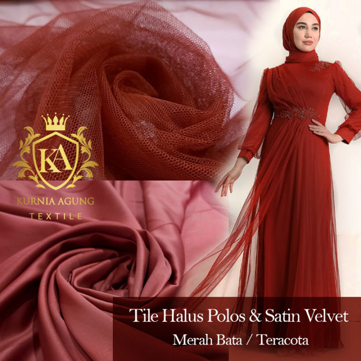 Kain Warna MERAH BATA Teracota Soft Tulle Satin Velvet Bahan Gaun