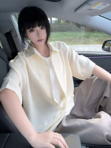 ZHUOCAN | V-Neck False Two-Piece Short Sleeve Linen Shirt