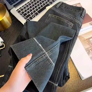 High Waist Elastic Straight Leg Nine-Tenths Jeans Women plus Size Conceal Hip Pear Shape Loose Pants Casual Cotton Denim