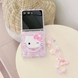 Sanrio | Ốp Điện Thoại Samsung Galaxy ZFlip 8 7 6 5 Hình Hello Kitty Hoạt Hình Dễ Thương Thiết Kế Nơ Hồng Toàn Màn Hình Kèm Móc Treo Chống Sốc