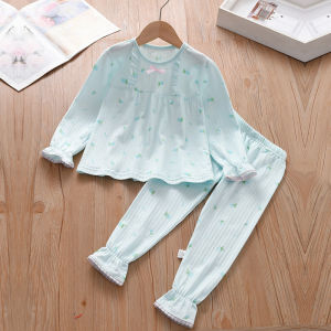 Girls Summer Thin Pure Cotton Muslin Long Sleeve Sleepwear Set Childrens Air Conditioning Clothes Spring Autumn Home Clothes