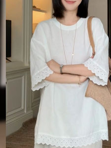 BINKAFENNY | Summer Lace Splice Short Sleeve T-Shirt Women Loose Fit Plus Size Top Youthful Looking Floral Print Round Neck Korean Style