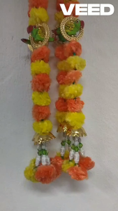 Handcrafted Artificial Marigold Flower String with Acrylic Beads Gota Balls & Parrot Design | Diwali & Festive Decoration – 2 ft (Pack of 1 pc)