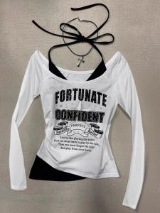 Original Letter Print Long Sleeve T-Shirt Womens Autumn American Retro Color Block Neck Hanging Top Light Young Girl