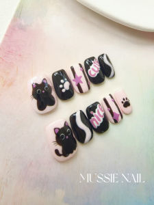 M.S Studio Pure Hand-Painted Pink Cartoon Cat Design Childrens Short Wearable Nail Tips Bright Color Series Fun And Cute