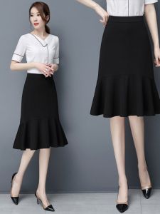Womens Black Asymmetrical Mini Skirt with Fish Tail Design Thin High Waist Midi A-Line Pleated Bodycon Skirt with Ear Cover