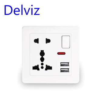 Delviz USB Charging Socket 2.1A Dual USB Port AC 110-250V 13A Wall-mounted Multi-functional USB Power Universal 5 Hole Outlet
