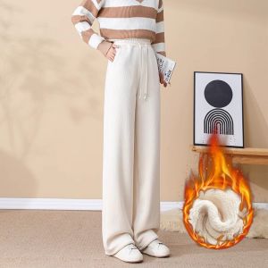 Fleece Lined Wide Leg Straight Cut Trousers for Women Winter Travel Wear Thermal Commuter Style High Waist Polyester Fabric
