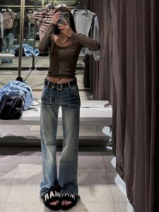 กางเกงยีนส์ทรงหลวมเอวต่ำสไตล์ย้อนยุคสไตล์อเมริกันสำหรับผู้หญิง กางเกงขายาวทรงขากระบอกเล็กทรงหลวมสบายๆ ฤดูใบไม้ผลิ 2025