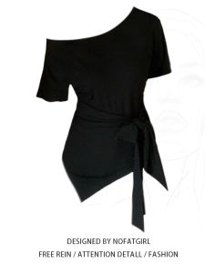 plus Size Slim Fit Summer New Style Black Short Sleeve T-Shirt Asymmetrical Waist-Cinching Trendy for Plump Women Korean Style Commute