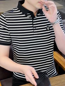 ROMON | Lormen Mens Stripe Short Sleeve Polo Shirt Summer Thin Ice Silk Business Casual With Collar Pure Cotton T-Shirt Fashion Urban Style Antibacterial