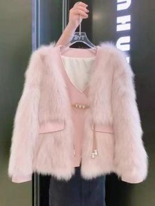 Pink Fox Fur Coat Womens Winter Short Style Integrated Hair And Leather Jacket Thickened V-Neck Commute Style Regular Sleeve