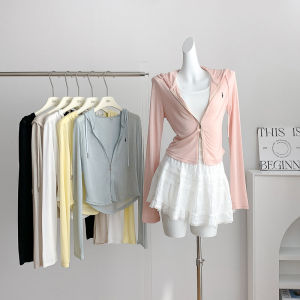 Pink Ice Silk Womens Long Sleeve Air Conditioning Cardigan Summer UV Protection Light Weight Hooded Jacket Fashionable Sunscreen Outerwear