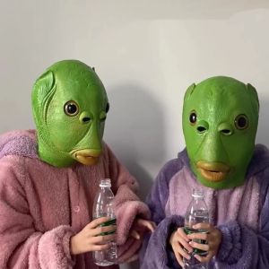 หน้ากากยางปลา หน้ากากยางรูปปลา สีเขียว หน้ากากยางสัตว์หมวกหัวม้าCOSหน้ากากหัวม้า