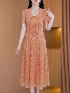 MAIMEI | Summer Mommy Dress Set Elegant Lady Brand Wide Lady Two-Piece Set Cheongsam High Waist A-Line Skirt Short Sleeve Round Neck Pure Color