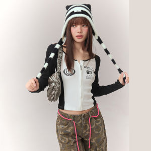 Chuu Letter Print Long Sleeve Slim Fit Short Jacket Womens Autumn New Style Color Block Backless Top Commute Style Zipper Cotton Polyester Blend