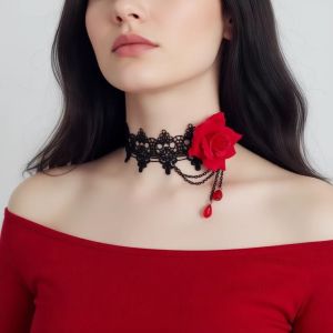 Red Flower Velvet Neck Chain Womens Choker Necklace Rose Petal Design Fashionable Accessory Korean Style Jewelry for Ladies