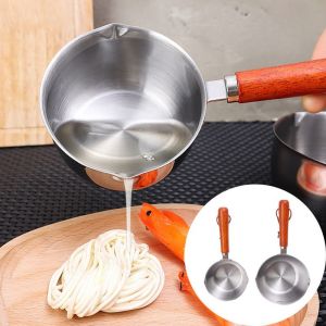 150/300ml Kitchen Mini Stainless Steel Oil Splash Pot with Graduated Scale Home Multipurpose Sauce Condiment Milk Heating Pan with Wood Handle