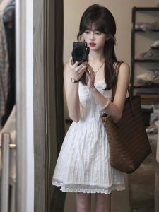 French Gentle Style White Strapless Dress Women Summer Sweet Lace Trim Small Size Waist Cinching Slimming Short Skirt