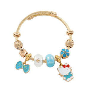 Sanrio | Gold Tone Hello Kitty Bangle Zinc Alloy with Blue Kitty Pendant & Flower Beads Adjustable Open Cuff Wristband