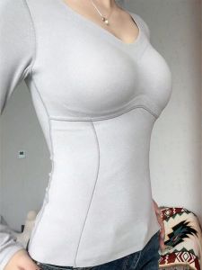 Warmth Silk Thermal Underwear Womens Autumn Winter Integrated No Wear Bra Top Base Shirt Inner Wear Double Layer V Neck Long Sleeve