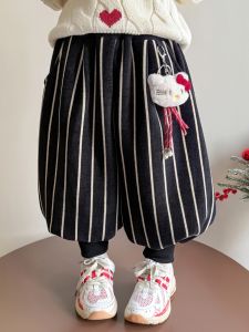 Thickened Fleece Childrens Casual Pants Autumn Winter Style High Waist Straight Leg Knitted Warm Wide Leg Pants for Girls