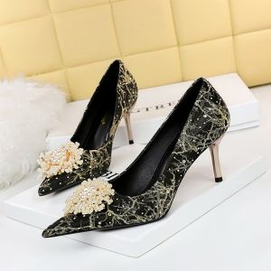 YUCHEN 2.76 inches Heels for Women Formal With Heels Ladies Stiletto Black Pointed Toe Diamond Pearl Flower Banquet Elegant Classy High Heeled Shoes Size 34- 43